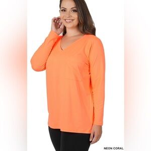New!Plus Size Neon Coral PLUS BRUSHED  MICROFIBER FRONT POCKET TOP Size …